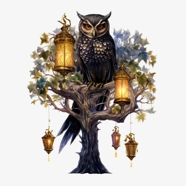 Watercolour dark fantasy black royal gothic deadly nightshade tree stood with dark magic books with deadly nightshade lanterns magnificent gothic owl stood on tree with mesmerising compelling features perfect magnificent detailed wings beautiful compelling realistic eyes PNG image ultra highly detailed, 18k, sharp focus, bright photo with rich colours digitally enhanced, enhanced graphics, straight, sharp focus, bright lighting, intricate detailed png image ,high definition,300dpi,graphic clipar