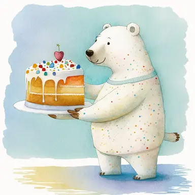 clipart, beautiful smiling,Polar bear,wear beautiful apron, with cake, Usborne and Eric Carle,