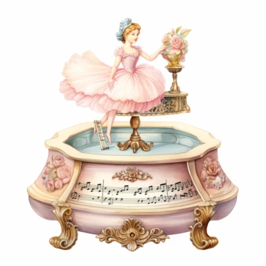 An lid open Victorian Antique Music Box with inside a ballerina figurine spins around ornate carvings and a melodious tune clipart isolated on white background, soft pastel colors, soft pastel flower, in the style of realistic watercolors, feminine sensibilities, detailed illustrations, made of all of the above, in style of Willem Haenraets