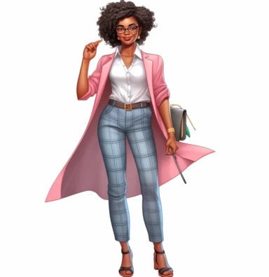 full body shot of smiling African American Black Girl Magic boss lady vector clipart vector illustration with transparent background, in the style of light indigo and light crimson, photo-realistic hyperbole, cluj school, transparent/translucent medium, detailed crowd scenes, light pink and light emerald, dark brown and white
