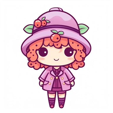 kawaii character in purple berries outfit with hat and dress, single clipart on white background, sanrio inspired character, svg, eps,