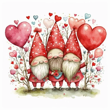 Watercolor happy 3 red gnomes valentine theme with red heart balloons, Clipart, Colorful, Retro, highly detailed on white background