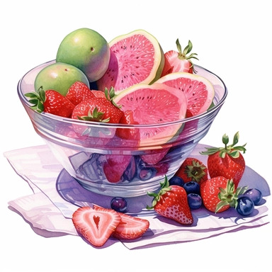 watercolor, hyper realistic, white background, white margins, 16k, ultra detailed clipart, cut out image, hand-drawn a kitchen countertop with a pink and purple tablecloth, adorned with a bowl of fresh fruits and vegetables in the style of carolyn blish, soft watercolours, website, translucent color, aleksandr deyneka, luminous glazes, charming illustrations