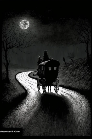 clipart of brown carriage drawn by horses in the distance on winding road on black background, Eerie magazine, Edward gorey, John William Waterhouse, beksinski