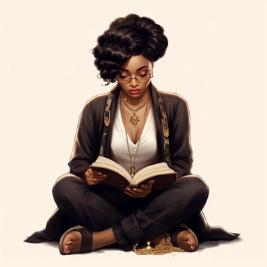 A beautiful black woman fashionista praying on her knees with the bible next to her, feminine, chic, elegant, posing, with a macro lens, clip art seed