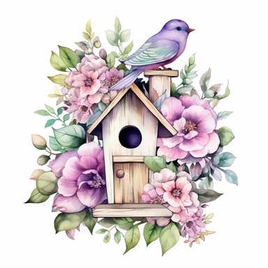 watercolor, hyper realistic, white background, white margins, 16k, ultra detailed clipart, cut out image, hand-drawn a floral birdhouse, inspired by the beauty of nature. The birdhouse should be the focal point of the design, adorned with intricate floral details and elements. Color Scheme: pastel shades such as light pink, lavender, mint green, and baby blue.