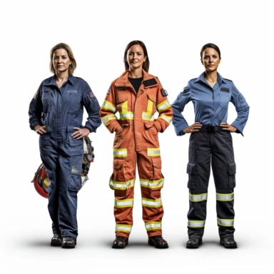 high def photograph clipart vector image with plain white background of a hyper realistic high definition photograph of different professionals standing (lawyer, firefighter, policewoman, construction worker, female pilot). extremely detailed. 35mm lens. 8k. Ultra HD.