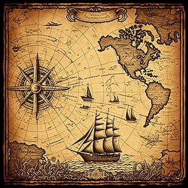 very detailed, high resolution image, hand drawn, dark ink, vintage, antique pirate treasure map, quest map. illustrations of clipper ships, compass, and waves.