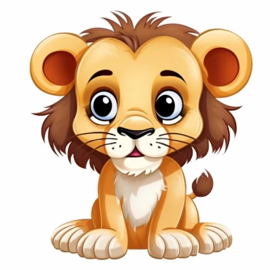 cute cartoon lion drawing, big eyes, illustration clipart, detailed, black outline, white background, digital art
