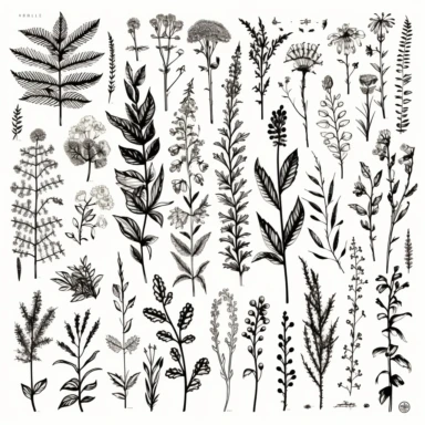 an extensive digital design kit with a bunch of illustrations and hand drawn flowers, in the style of rustic simplicity, minimalist nature studies, intricate pen drawings, distinctive noses, highly detailed foliage, elegant use of negative space, elaborate borders, white background, vector, vector art, vector illustration, isolated clip art