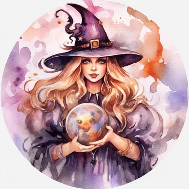 beautiful Halloween witch, Magic wand and crystal ball, watercolor style, clipart image