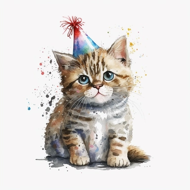 Cute funny cat in birthday hat watercolor clipart on white background