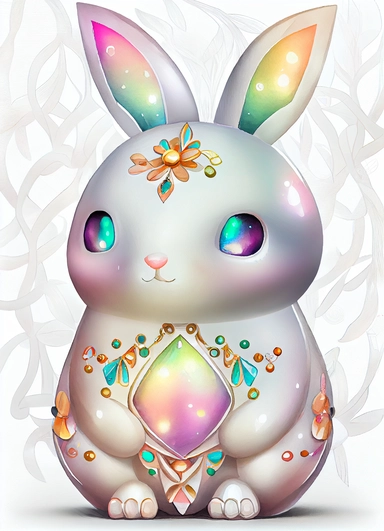 white iridescent easter kawaii bunny with pretty jewels, chinese new year, watercolor, symetrical, clipart on white background