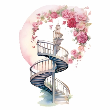Whimsical watercolor depiction of pink flowers gracefully ascending a spiral staircase, viewed from a bird's-eye perspective, with the composition conveying a sense of ascension, growth, and the endless possibilities that await those who embark on a journey of self-discovery, clipart on a clean white background.