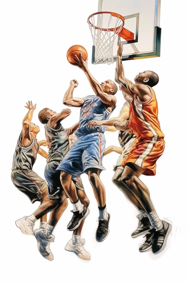 Bank Shot: The bank shot involves bouncing the ball off the backboard before it goes into the hoop. Create clipart images depicting players positioned at an angle, releasing the ball towards the backboard., playing basketball is drawn in watercolor paint,against white background, in the style of hyperrealistic pencil drawings, jocelyn hobbie, highly realistic, eye-catching, hyper-realistic pop, valentin serov