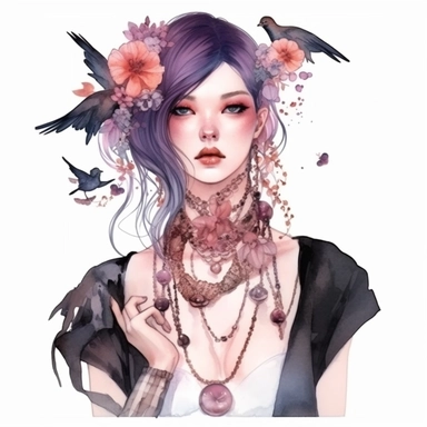 Beautiful Witch with necklace , in the style of dark fantasy creatures, fairy academia, intense deep pastel colours, i can't believe how beautiful this is, inventive character designs, Watercolor clipart, white Background