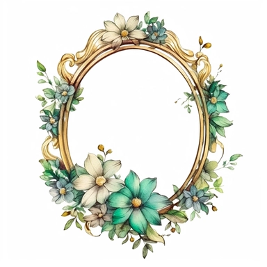 watercolor clipart of a empty suttle dainty floral oval frame surrounded by gold color flowers and emerald green flowers. Capture the essence of blooming beauty and intricate details in your artwork, white background