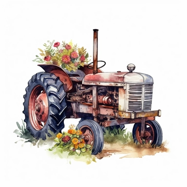 Vintage florist's farm tractor drawn in watercolor, vector design, cutout, Sublimation Clipart, Cartoon, hyper realistic, intricate detail, illustration style, high solution, isolated on the white background