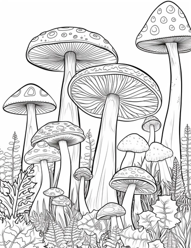 a clean coloring book page of a group of enchanted mushrooms, whimsigoth, tiedye, witchcore, clipart
