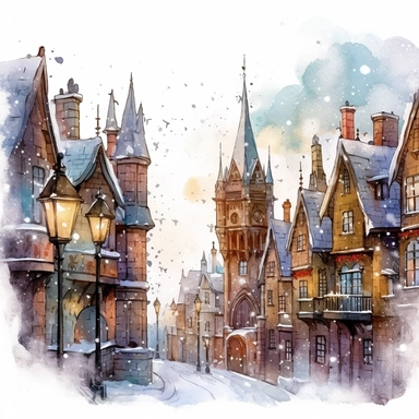 a watercolor illustration, clipart, christmas on the street, in the style of fantasy landscapes, elegant cityscapes, ornamental, medieval, black ink, highly detailed cityscapes, fantastical street, uhd image, isolated on white background