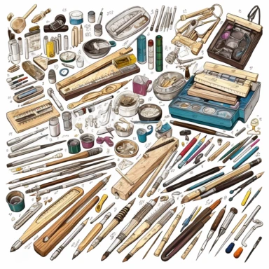 clipart collection of a set of four Art supplies ,highly detailed, crisp sharp lines , istock, clip-art, ,, 2070s, steel, , how-to, , harmony of, marker”, , 4, instrument, ultimate, 5, movies, three - dimensional , high quality vector svg white background , organised in rows spaces gap orderly