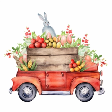 easter basket watercolor clipart & clip art, in the style of light red and dark gray, narrative paneling, classic american cars, uhd image, hand lettering, depiction of rural life, wood