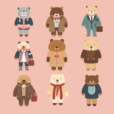 A modern, simplistic illustration showing a cute Teddy Bear with fashionistic human outfits in Cliparts. The illustration should be in a playful flat design style. Make sure there is no use of shading, tone or texture. The illustration should have a simplified, streamlined appearance. The illustration should be well-suited for use in digital or print media, such as infographics.