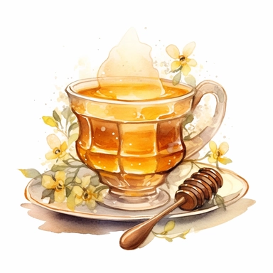 whimsical watercolour clip art honey tea in a glass cup and saucer