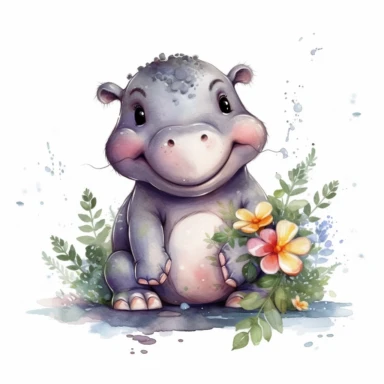 a standing up baby Hippo with cute big eyes, happy smiling face, cute animal, adorable, playful atitude, adorable watercolor animal clipart with a few plant and flowers decor, no background, high quality very sharp with clear focus