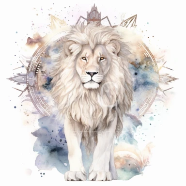 watercolor clipart of celestial white roaring lion, full body shot, sacred geometrical patterns, cosmos in background, on white background
