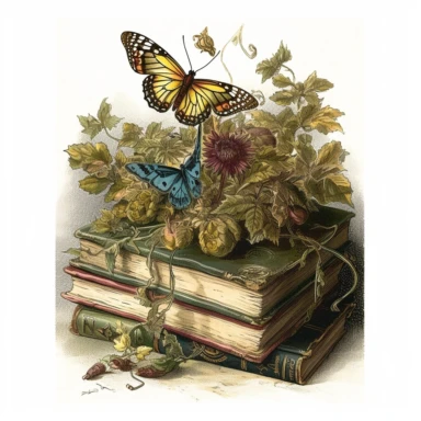 Clipart, vintage books, floral, hyper detailed, hyper realistic, marsh green/dark yellow, little butterfly on book, victorian era, watercolor, fantasy, amazing colour compilation, countrycore, romantic colors, white background,
