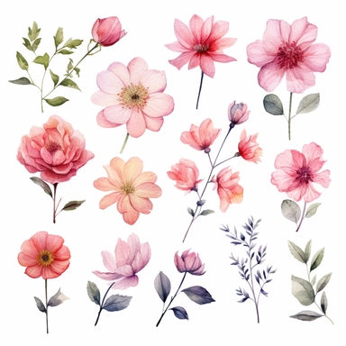 Ethereal watercolor clipart set featuring different pink flower species, portrayed from various angles, arranged in a composition that appears as if the flowers are gently swaying in a celestial breeze, a reminder of the interplay between the earthly and the divine, clipart on a white backdrop.