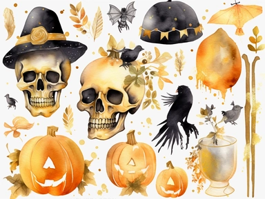 halloween party watercolor clipart, gold, single design, 8k