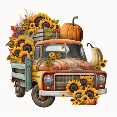 Vintage truck car loading halloween pumpkins, pumpkins and sunflowers, Sublimation Clipart, on a white background