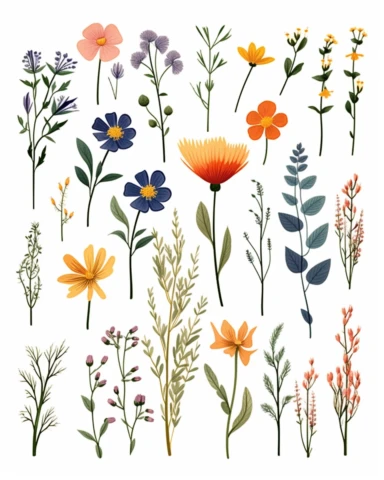Wildflowers, Flower Meadow , Flower Border, Minimalist Flower Bouquet, Wildflower Clipart hand drawn sketch with colors of wildflower meadow drawings boho minimalist style