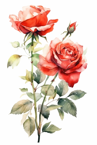 beautiful red roses,clipart,watercolor,green leafs,circle reed ,sharp details