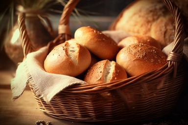 wicker basket with freshly baked bread rolls, some flour scattered nearby, background: rustic kitchen, photo clipart, super detail, vignetting, shot with Nikon D3000,