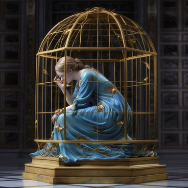 full length full figure marble portrait A woman once sat in a gilded cage, Her spirit blue, her heart filled with rage, For she longed to soar, to fly and be free, To unleash her creativity for all to see. But she was bound, her wings clipped tight, And though she fought with all her might, The bars of her cage held her in, And she felt like she would never win. So she retreated into her mind, Where her thoughts and dreams intertwined, And she created a world that was all her own, A place where 