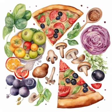 Create a watercolor clipart of a delicious pizza, with toppings like mushrooms, peppers, and olives. Use pastel colors and make sure to capture the details of the crust and the toppings, white background