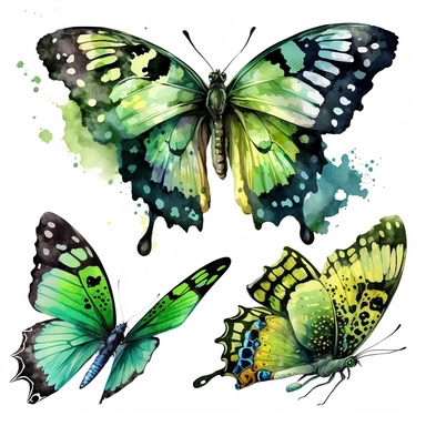 watercolor butterfly clipart, exotic flying butterfly, full green, bright color, no outlines, white background, no text