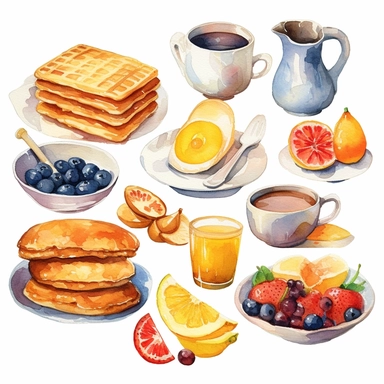 watercolor style breakfast clipart, toast, egg, sausage, waffles, mushrooms, coffee, orange juice, pancakes and fruit on a white background