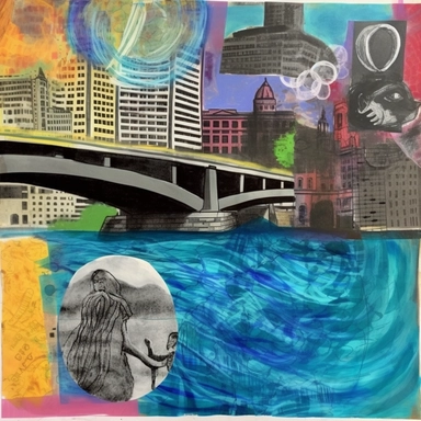 a mixed media collage of old news paper clippings, spray paint, paint markers, gouache paintings of cityscapes, a flowing river with an old iron bridge going across it, an 18th century engraving of a mythological sphinx, museum quality, abstract expressionism, postmodern art, rich watercolor texture, bright blue water, abstract concentric cirle designs, dry brush technique, color pencil, oil pastel