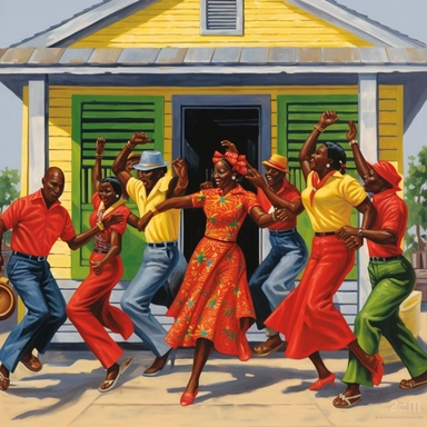 a group of black people dancing, dressed in red, green and yellow, the sugar shack painting style, Ernie Barnes art, juneteeth clipart, white background