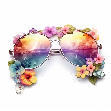 create a clipart featuring a pair of floral aviator mirrored sunglasses, a straight view, a mix of vibrant and pastel colors, rainbow colors, watercolor, against a white background, detailed
