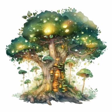 a fairytale style over realistic fairy trees with watercolor effect,green big forest,twinkles,fireflies,suitable for digital clipart,white background Clipart ,Cartoon,hyper realistic, intricate detail, illustration style,high solution,on the white background