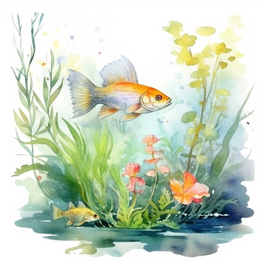 clipart, isolated on white background, Watercolor Spring pond with swimming colorful fish underwater, underwater plants, ornated, pastel colors