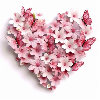 3D exceptionally beautiful pink flowers and butterflies in 3D, heart shaped, clipart, white background