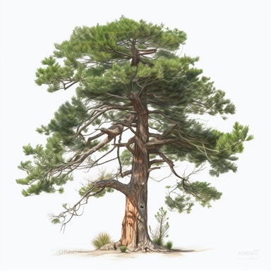 watercolor clipart of Scots pine tree, white background, white vines, 4k, octane render, detailed, hyper-realistic, cinematic, photography by Joel Meyerowitz, Roger deakins, Slim Aarons, Craig Mullens, artstation