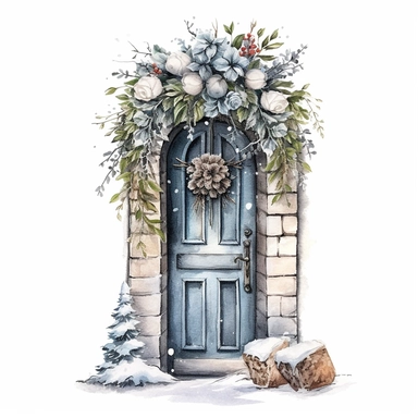 a cold winter day, winter theme , winter flowers romantic door pastel color watercolor clipart ,hand drawn watercolors, chalk, painterly brushstrokes ,white background for removing background--no text shadow font watermark