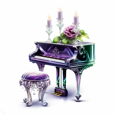 luxury transparent glass piano, jewel, one seat,one luxury candle, purple and green rose, digital clipart on white background